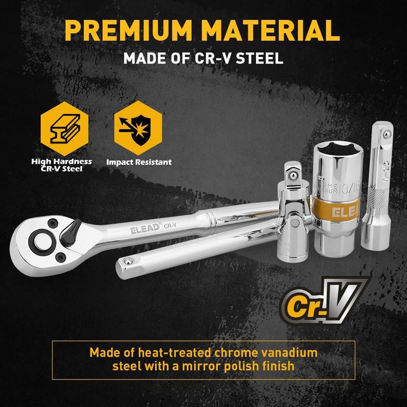 ELEAD 12-Piece 3/8" Drive Spark Plug Socket Set with Ratchet Handle, Universal Joint, Spark Plug Gapper & Extension Bar, 9/16", 5/8", 3/4", 13/16", 14mm, 18mm, CR-V Sockets with Rubber Holding Rings - Image 3